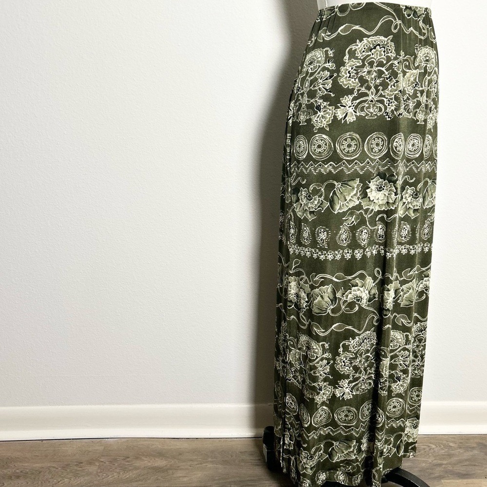 Vintage Green Floral Paisley Medallion Print Nylon Blend Maxi Skirt Womens Small